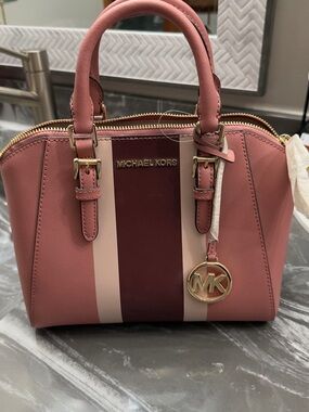 Michael Kors Pink, Rose & Burgundy Stripe Saffiano Satchel